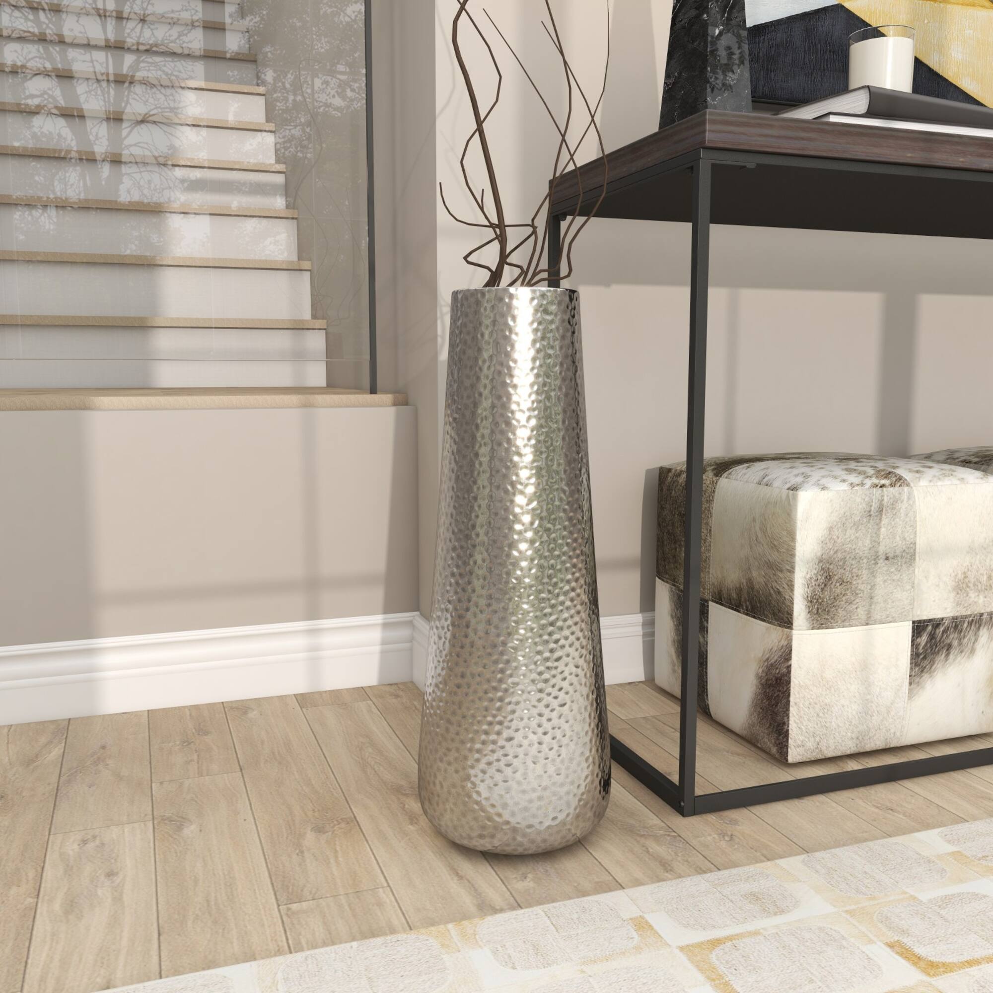 25" Silver Aluminum Tall Hammered Vase